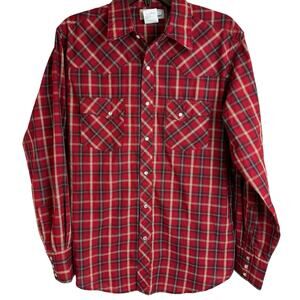 Wrangler Shirt Mens M Red Black Plaid Pearl Snap Western rancher Cowboy Chore